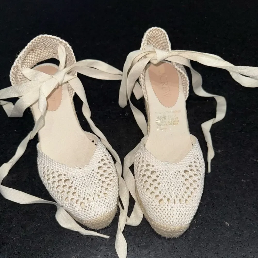 NEW J.Crew Made-in-Spain Lace-up Espadrilles Crochet Cream Wedges SZ 9 PERFECT